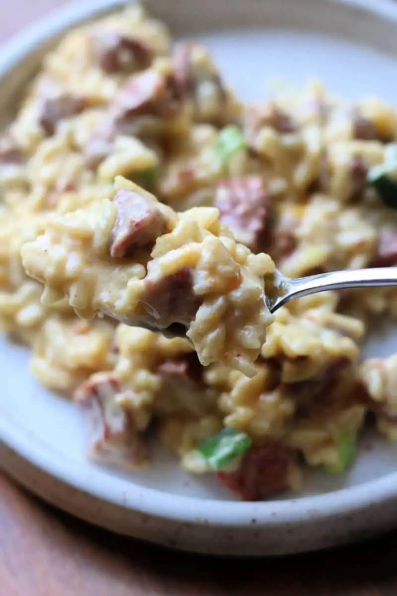Delicious Neiman Marcus Kielbasa Casserole--an easy Instant Pot dinner made with smoky sausage, creamy rice, cheddar cheese, bacon and slivered almonds.