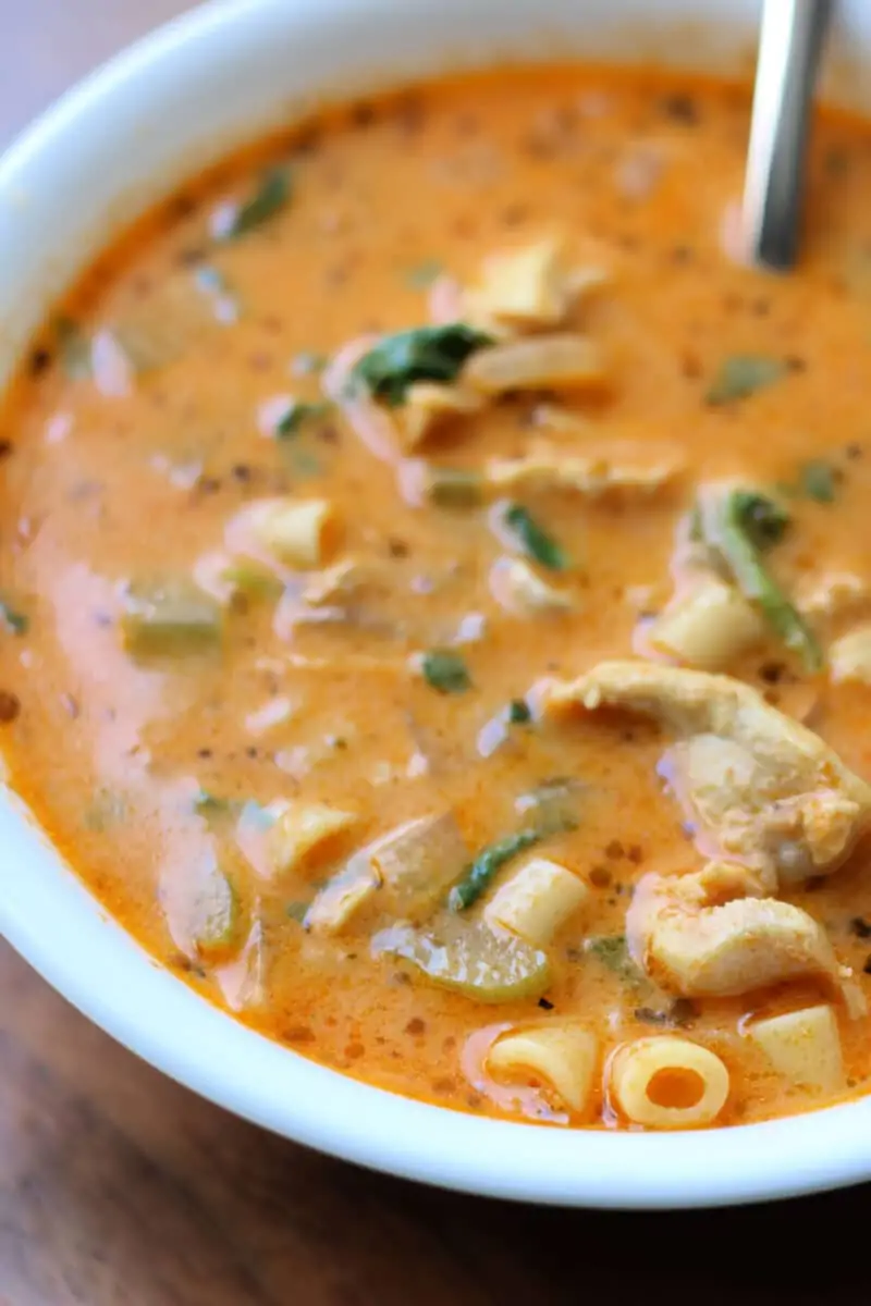 Creamy Tuscan Garlic Parmesan Chicken Soup--an easy Instant Pot or slow cooker soup made with tender chicken, ditalini pasta, spinach, tomato sauce, and sun-dried tomato pesto.