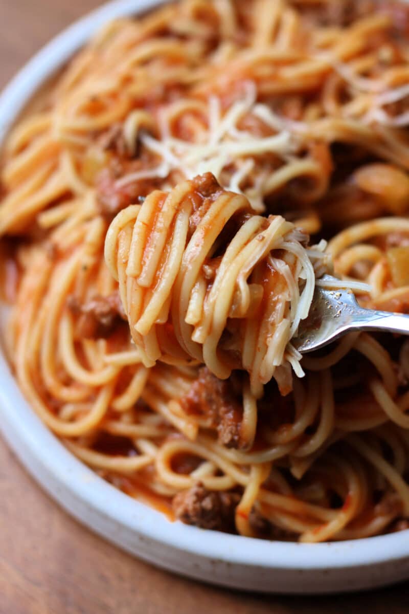 Oma's German Spaghetti--easy Instant Pot spaghetti with ground beef, crushed tomatoes, celery and onion.