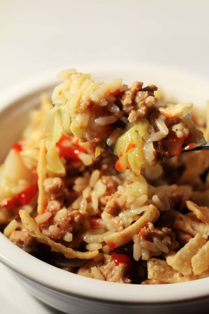 Chicken Egg Roll Casserole--an easy one-pot dinner made with ground chicken, cabbage, rice, ginger and garlic, then topped with crunchy wonton strips. Make it fast in the Instant Pot.