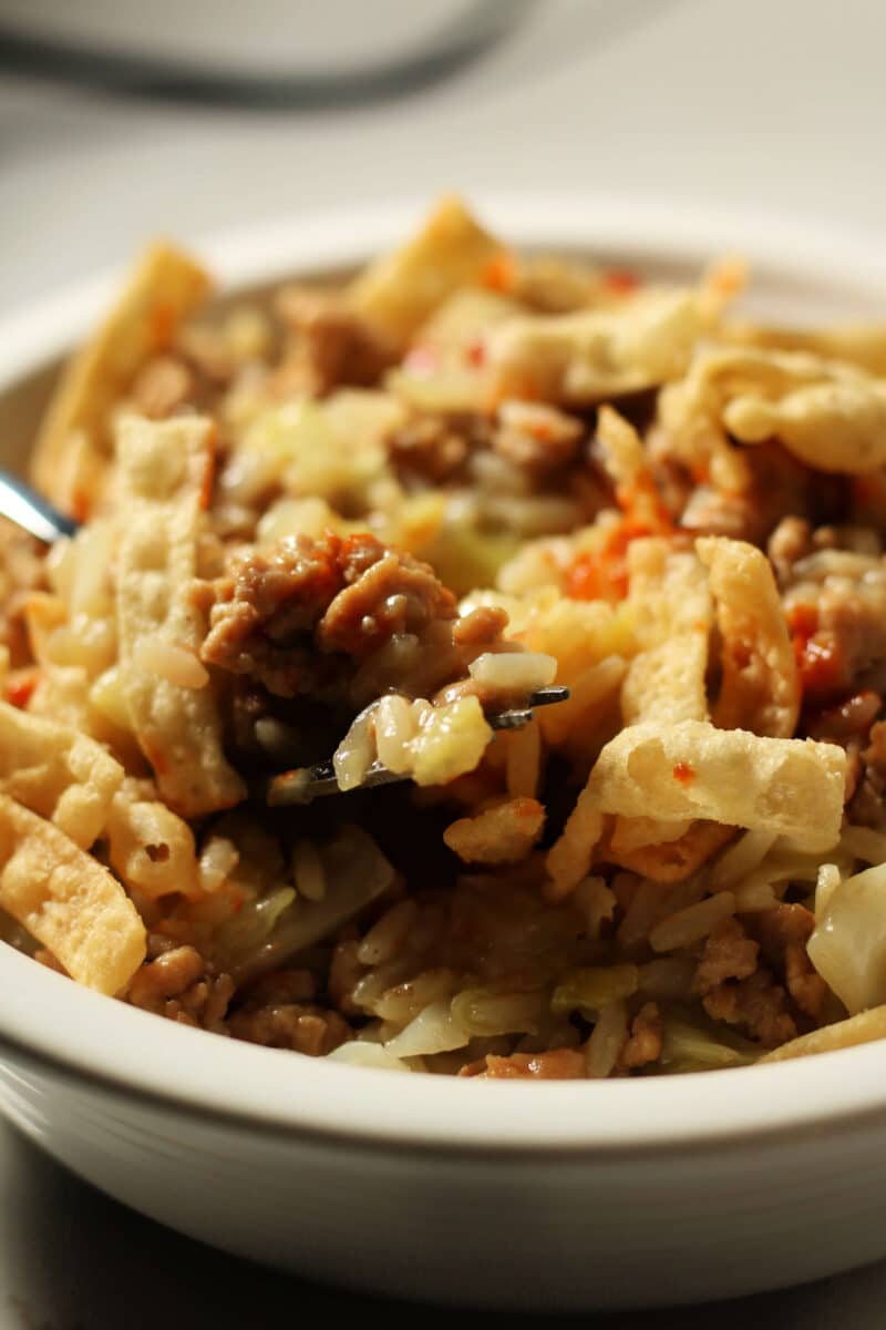 Chicken Egg Roll Casserole--an easy one-pot dinner made with ground chicken, cabbage, rice, ginger and garlic, then topped with crunchy wonton strips. Make it fast in the Instant Pot.