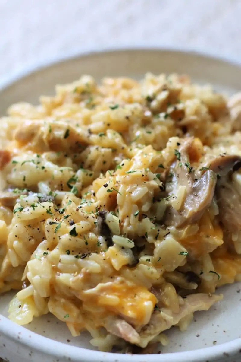 Classic Country Gentlemen's Casserole--an easy Instant Pot or slow cooker dinner made with tender chicken, rice, celery, mushrooms, crunchy water chestnuts and almonds in a creamy, cheesy sauce.
