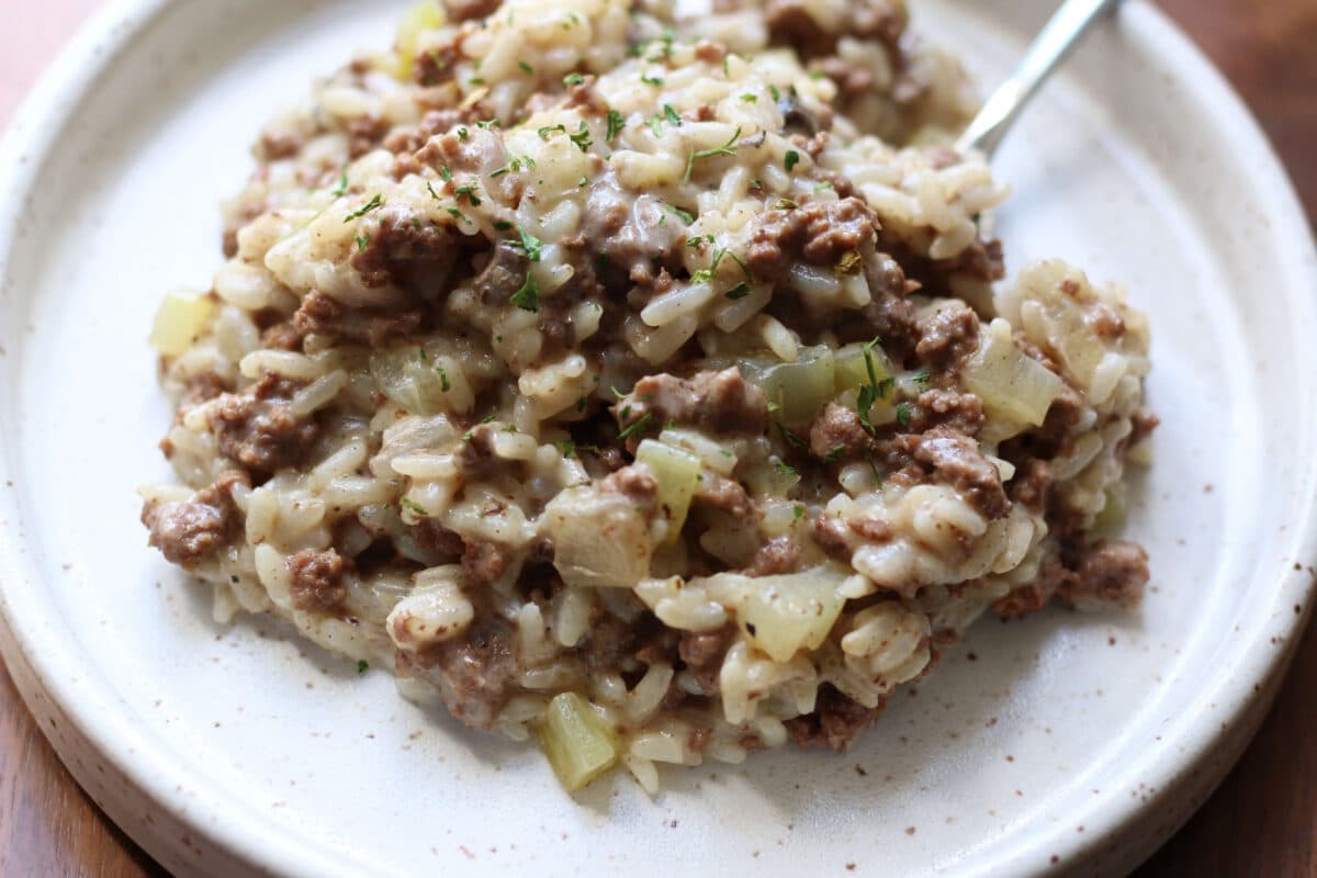 Minnesota Hamburger Rice Hotdish--an easy one-pot dinner made with tender beef, rice, celery, onion and creamy mushroom soup.