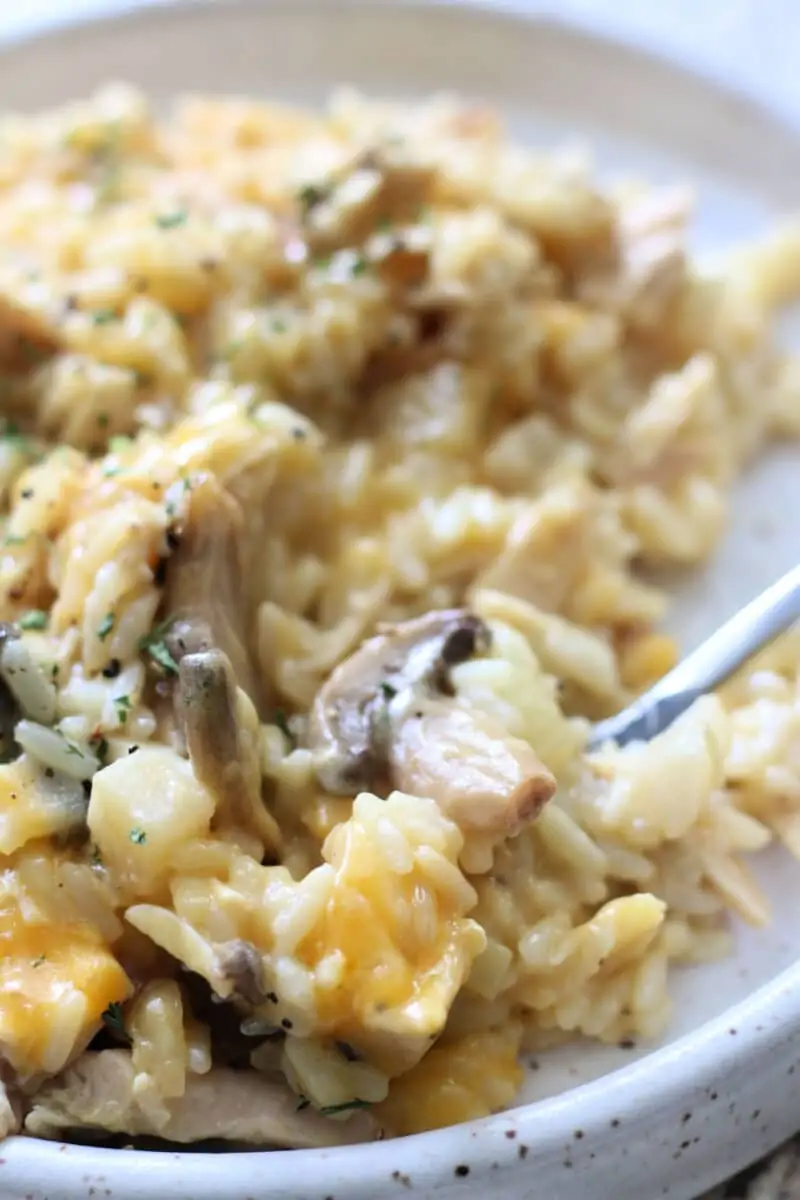 Classic Country Gentlemen's Casserole--an easy Instant Pot or slow cooker dinner made with tender chicken, rice, celery, mushrooms, crunchy water chestnuts and almonds in a creamy, cheesy sauce.