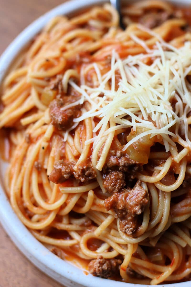 Oma's German Spaghetti--easy Instant Pot spaghetti with ground beef, crushed tomatoes, celery and onion.