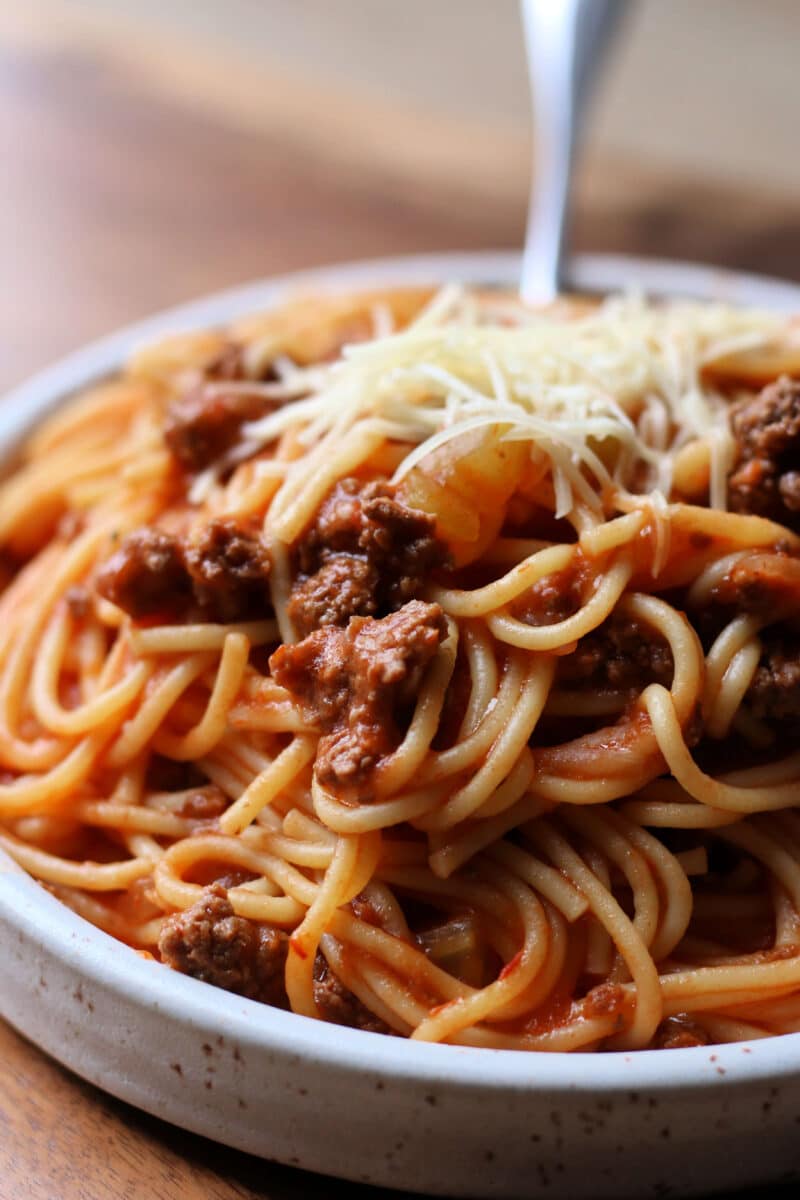 Oma's German Spaghetti--easy Instant Pot spaghetti with ground beef, crushed tomatoes, celery and onion.