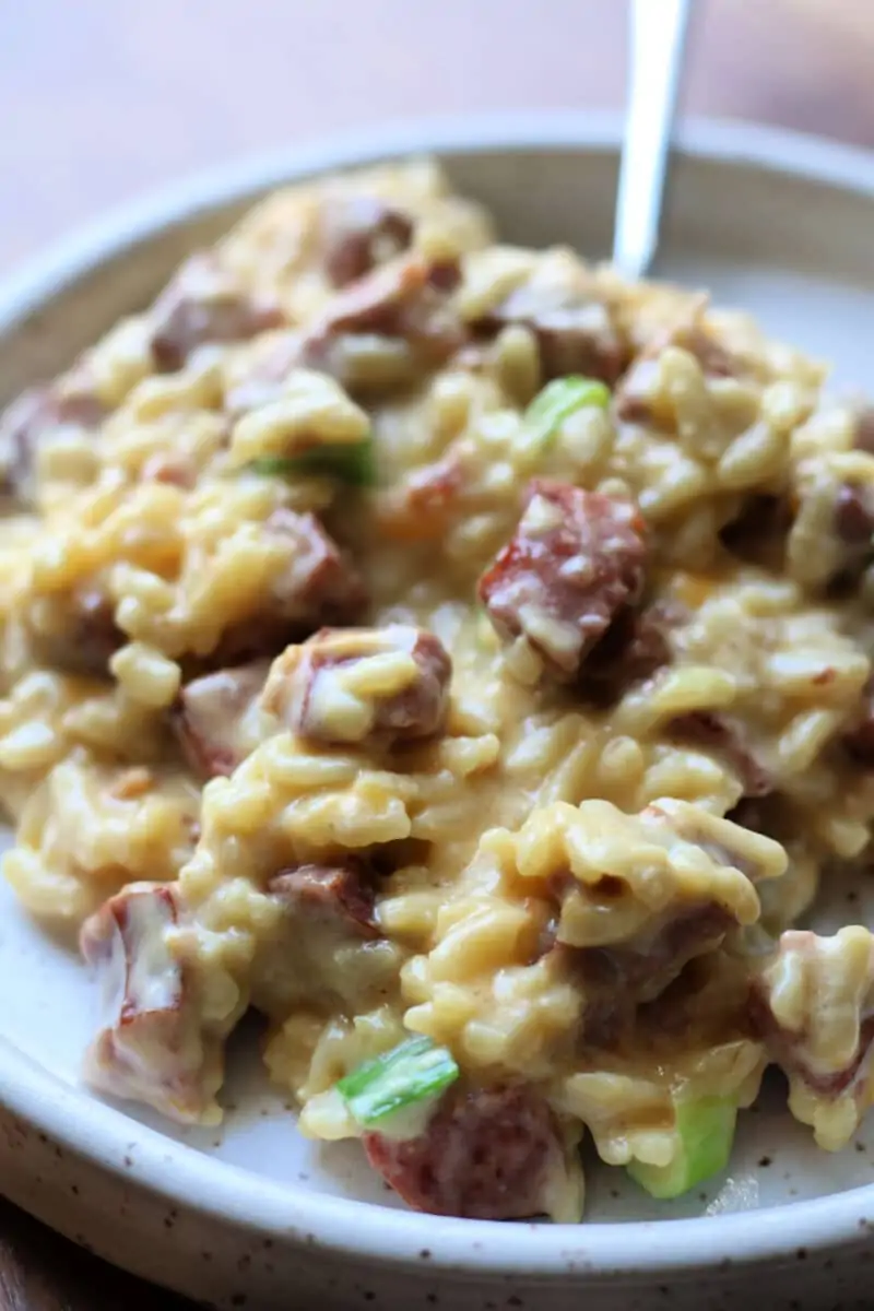 Delicious Neiman Marcus Kielbasa Casserole--an easy Instant Pot dinner made with smoky sausage, creamy rice, cheddar cheese, bacon and slivered almonds.