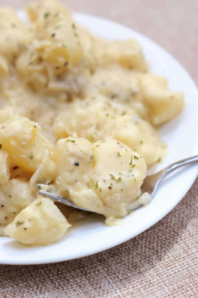 6 Ingredient Slow Cooker September Farmhouse Potatoes--easy creamy Crockpot potatoes that are a perfect side dish made with tender russet potatoes, onion, broth and sour cream. 