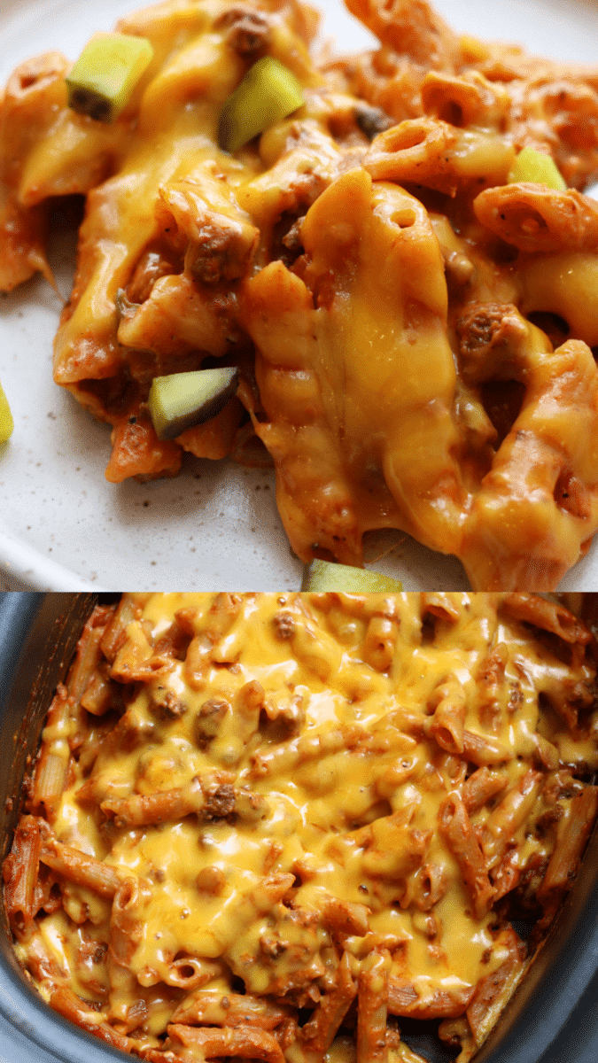 Crock Pot Sloppy Jane Casserole--an easy slow cooker or Instant Pot dinner with ground beef, penne pasta and classic sloppy joe flavor, made extra creamy and cheesy.