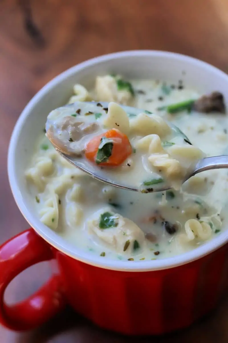Decadent Creamy Alfredo Lasagna Soup--an Instant Pot soup made with tender chicken, lasagna noodles, carrots, mushrooms and spinach in a creamy garlic parmesan broth.