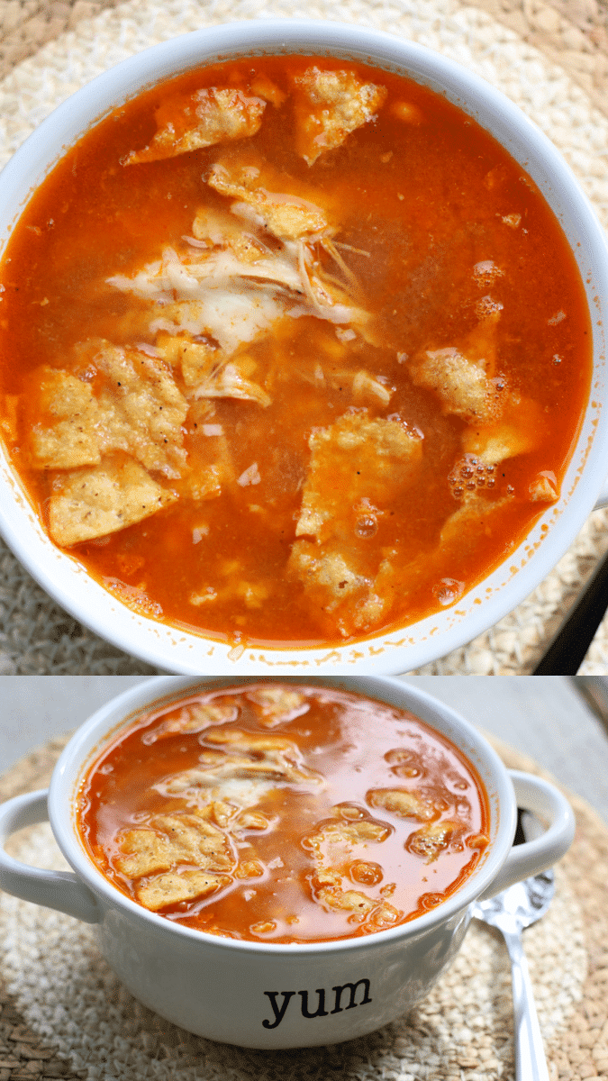 BBQ Chicken Soup--an easy Instant Pot or slow cooker chicken soup made with tender shredded chicken, ranch-style beans, corn, barbecue sauce and crunchy tortilla chips.