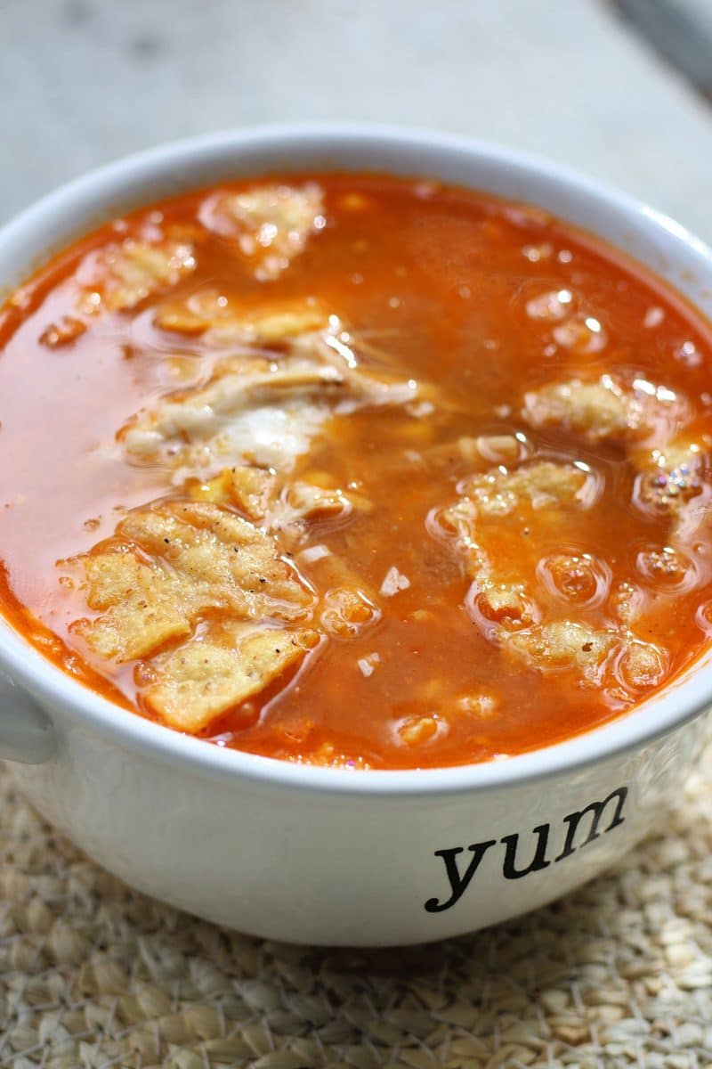 BBQ Chicken Soup--an easy Instant Pot or slow cooker chicken soup made with tender shredded chicken, ranch-style beans, corn, barbecue sauce and crunchy tortilla chips.