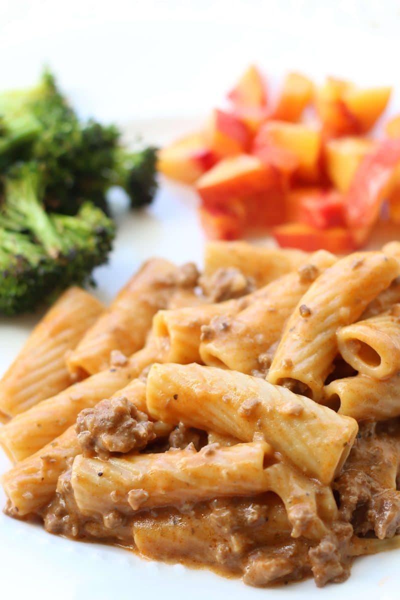 Creamy Parmesan Beef Rigatoni with Garlic Butter Sauce--an easy Instant Pot dinner made with seasoned ground beef, tender pasta, garlic and a creamy sauce.