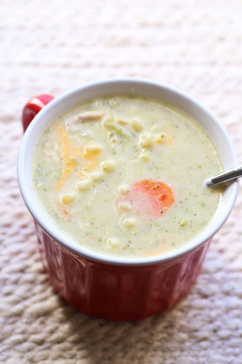 Broccoli Cheddar Lasagna Soup--an easy Instant Pot or slow cooker soup made with rotisserie chicken, broccoli, carrots, cheddar and tender noodles.