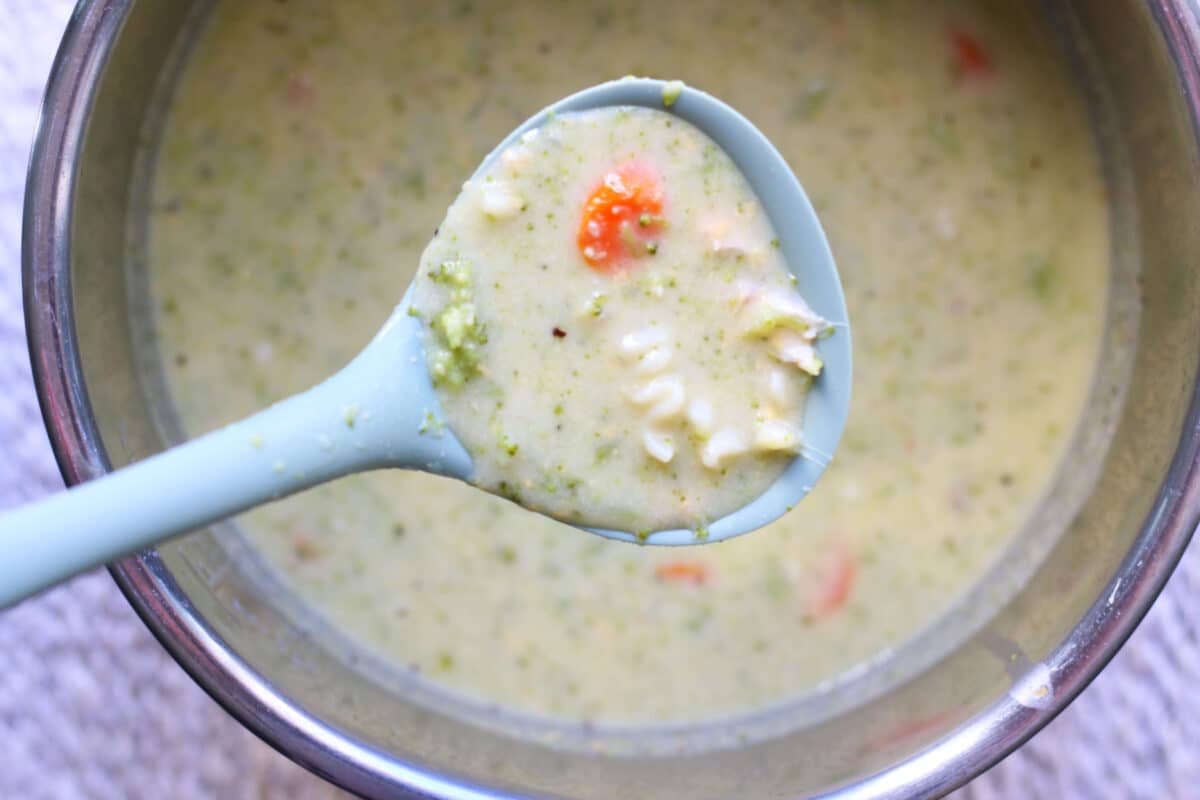 Broccoli Cheddar Lasagna Soup--an easy Instant Pot or slow cooker soup made with rotisserie chicken, broccoli, carrots, cheddar and tender noodles.