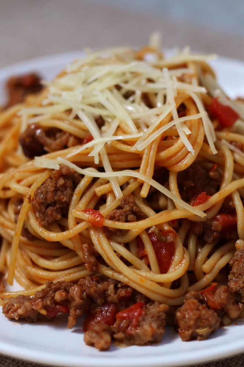 Cajun Inspired Dirty Spaghetti--an Instant Pot dinner with Italian sausage, ground beef, cajun seasoning, Rotel tomatoes, bell peppers, celery and spaghetti.