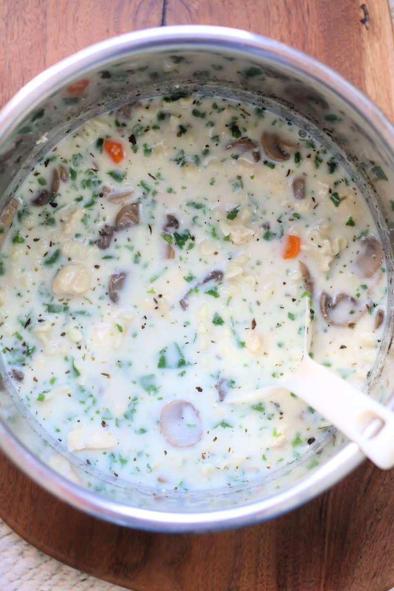 Decadent Creamy Alfredo Lasagna Soup--an Instant Pot soup made with tender chicken, lasagna noodles, carrots, mushrooms and spinach in a creamy garlic parmesan broth.