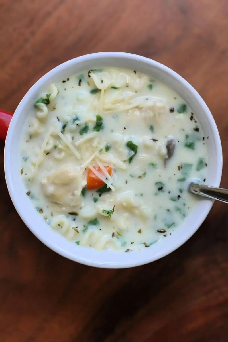 Decadent Creamy Alfredo Lasagna Soup--an Instant Pot soup made with tender chicken, lasagna noodles, carrots, mushrooms and spinach in a creamy garlic parmesan broth.