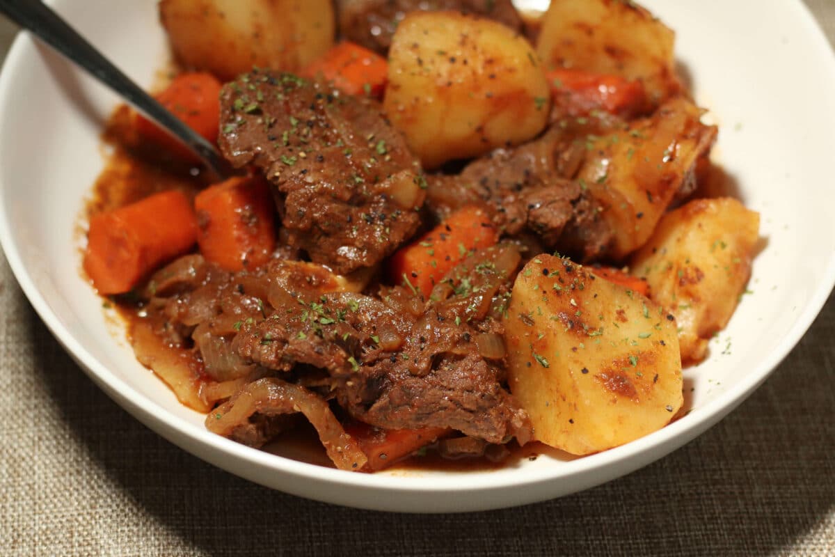 Chunky Beef Casserole--an easy crockpot or Instant Pot dinner made with tender beef, potatoes, carrots and onions. 