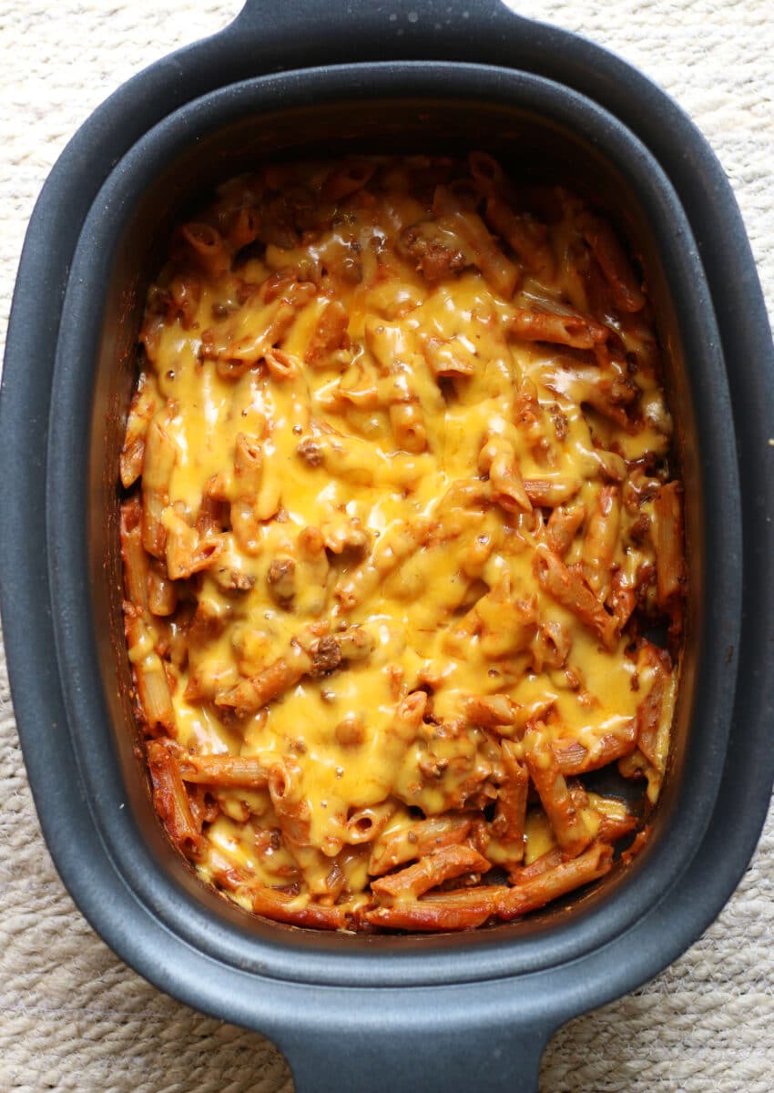 Crock Pot Sloppy Jane Casserole--an easy slow cooker or Instant Pot dinner with ground beef, penne pasta and classic sloppy joe flavor, made extra creamy and cheesy.