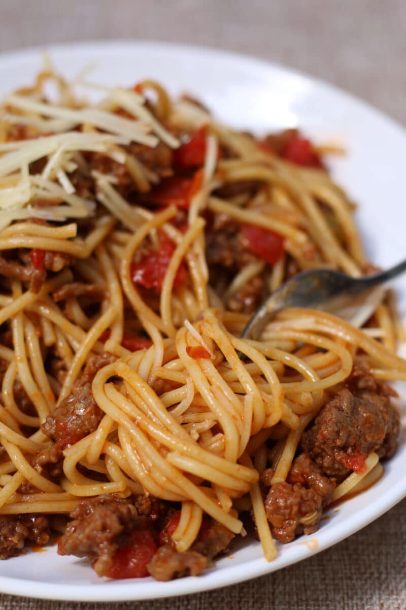 Cajun Inspired Dirty Spaghetti--an Instant Pot dinner with Italian sausage, ground beef, cajun seasoning, Rotel tomatoes, bell peppers, celery and spaghetti.