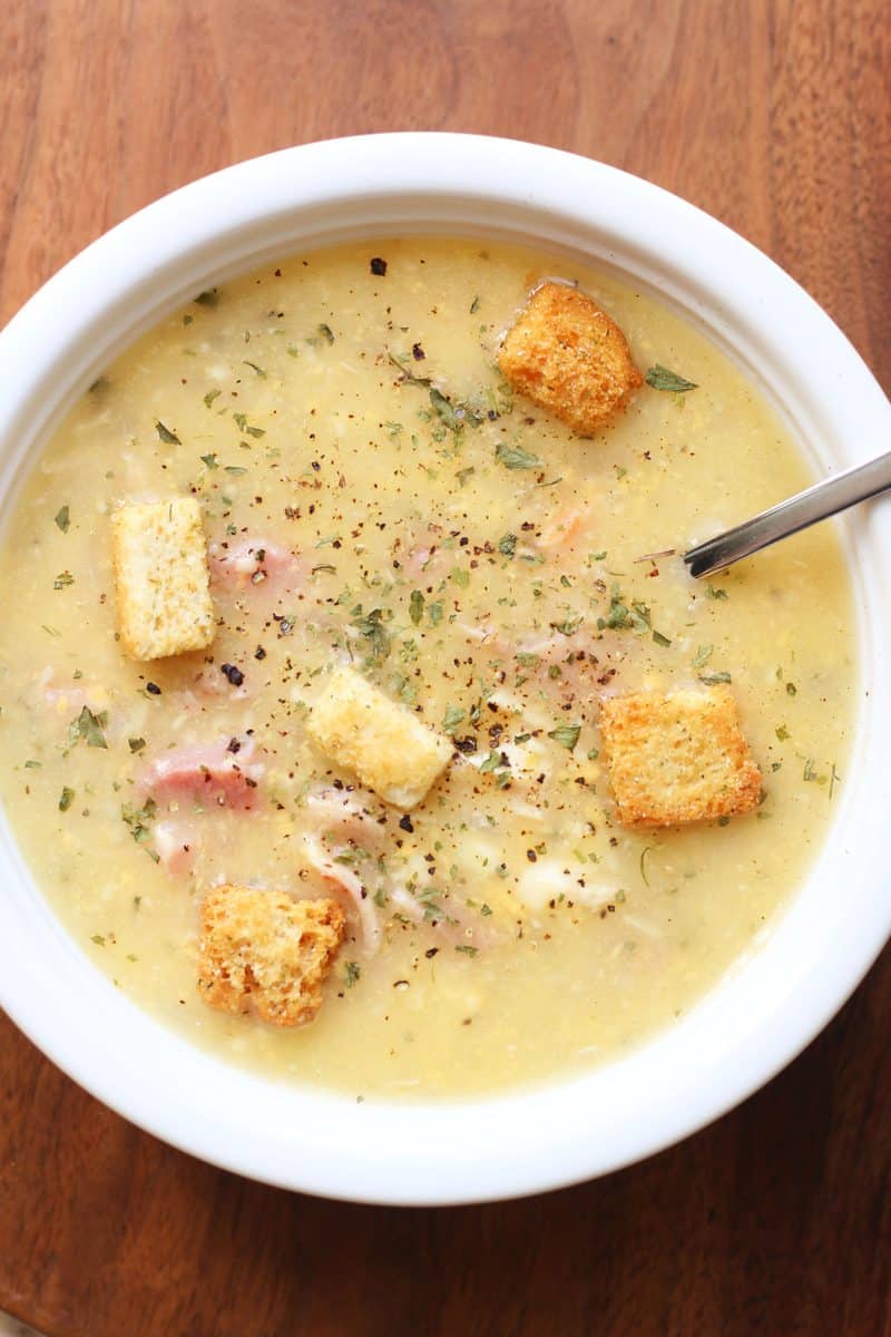 Monte Cristo Soup--an Instant Pot cheesy soup made with ham, turkey or chicken, Swiss cheese, cheddar and Dijon mustard, then topped with crunchy croutons and raspberry preserves.