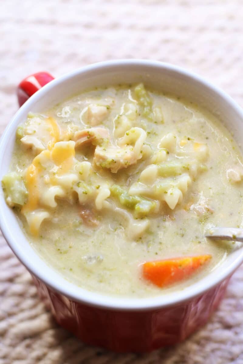 Broccoli Cheddar Lasagna Soup--an easy Instant Pot or slow cooker soup made with rotisserie chicken, broccoli, carrots, cheddar and tender noodles.