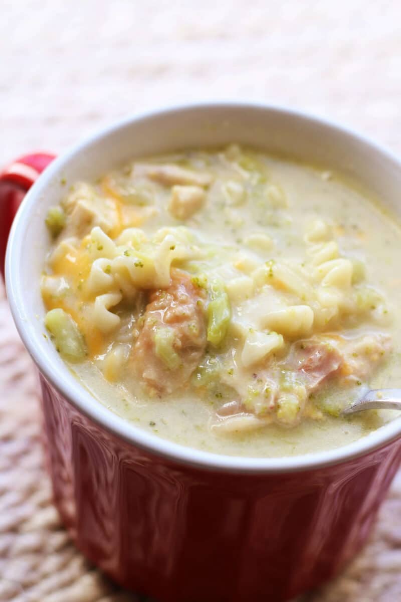 Broccoli Cheddar Lasagna Soup--an easy Instant Pot or slow cooker soup made with rotisserie chicken, broccoli, carrots, cheddar and tender noodles.