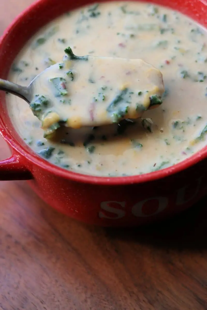 Cheddar Garlic Herb Potato Soup--an easy Instant Pot or slow cooker soup made with red potatoes, garlic, herbs, heavy cream, cheddar cheese and kale for a homey dinner.