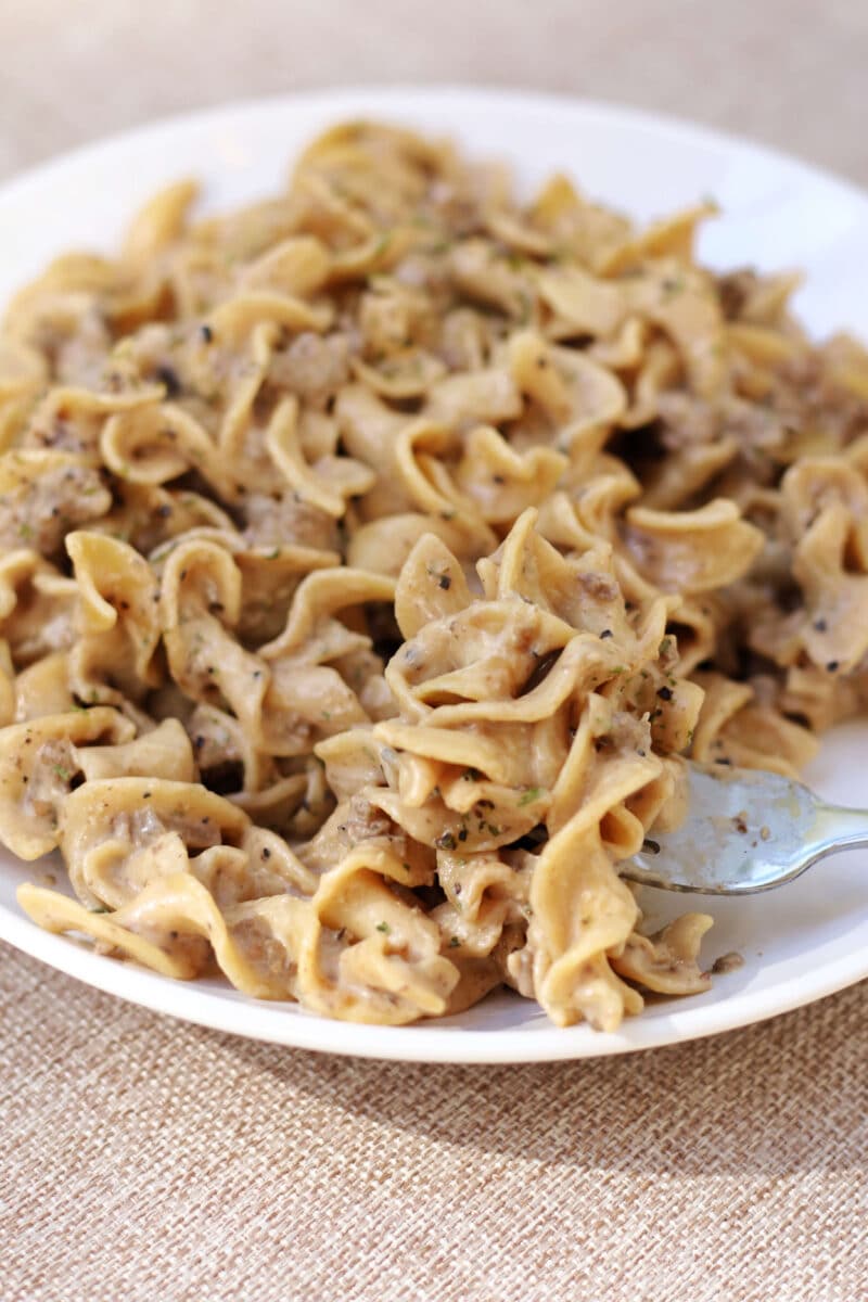 Navy Wife's Lazy Beef and Noodles--an easy Instant Pot dinner made with ground beef, tender egg noodles and a creamy brown gravy sauce.