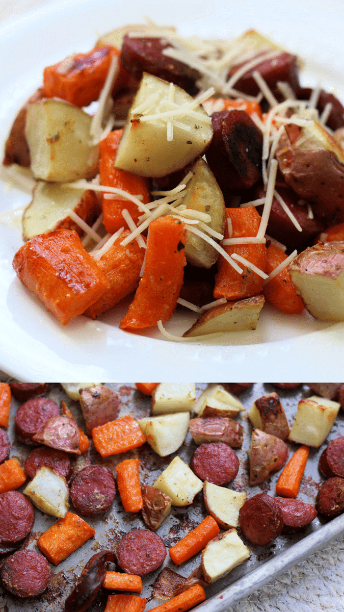 Ranch Potatoes & Smoked Sausage--an easy sheet pan dinner with smoky sausage, tender potatoes and carrots tossed with ranch seasoning, then topped with Parmesan cheese.
