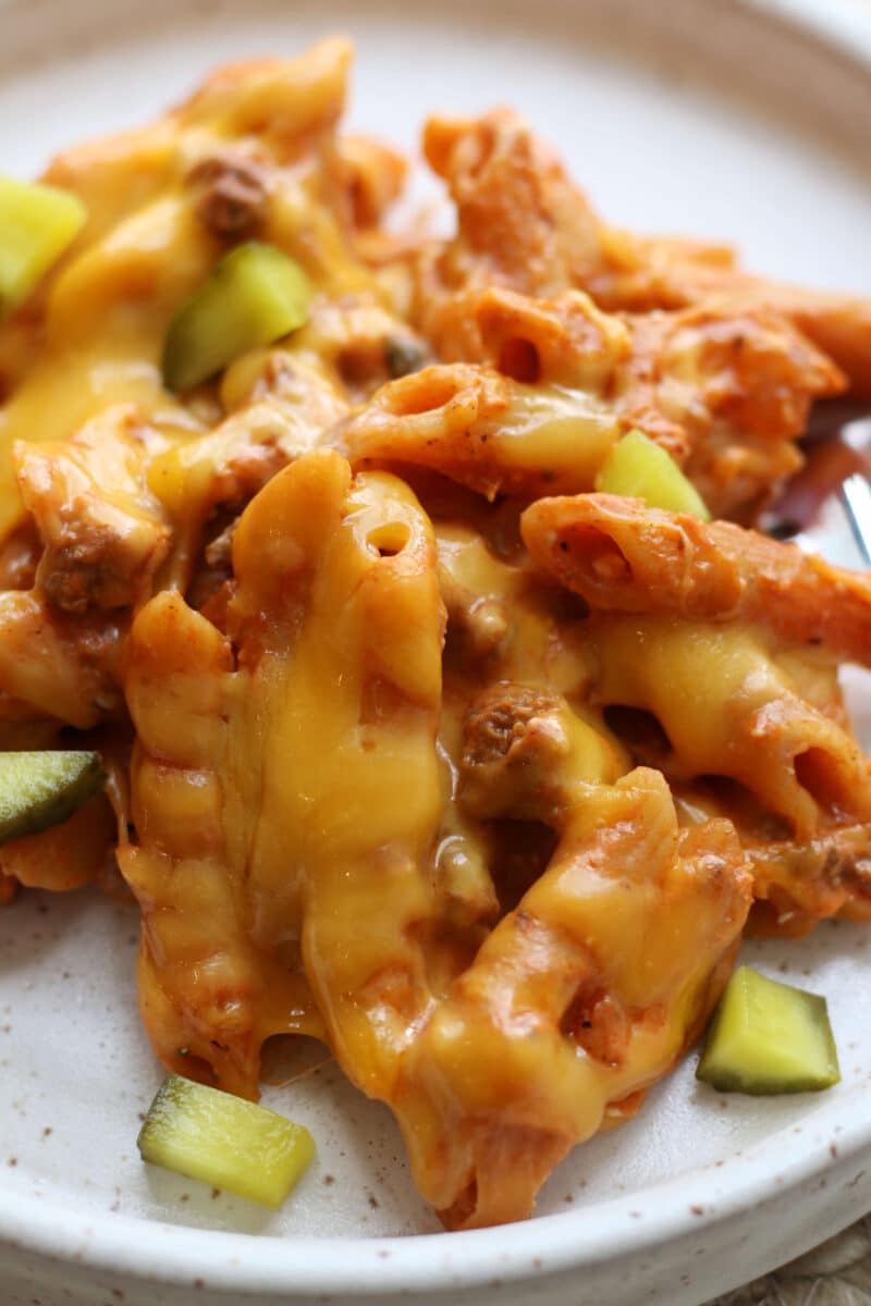 Crock Pot Sloppy Jane Casserole--an easy slow cooker or Instant Pot dinner with ground beef, penne pasta and classic sloppy joe flavor, made extra creamy and cheesy.