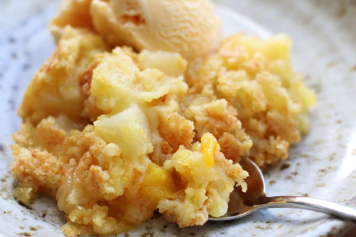Dolly Parton's 3 Ingredient Special--an easy old-fashioned dessert made with canned fruit cocktail, yellow cake mix and butter for a warm, buttery dessert. Make it in the oven or slow cooker.