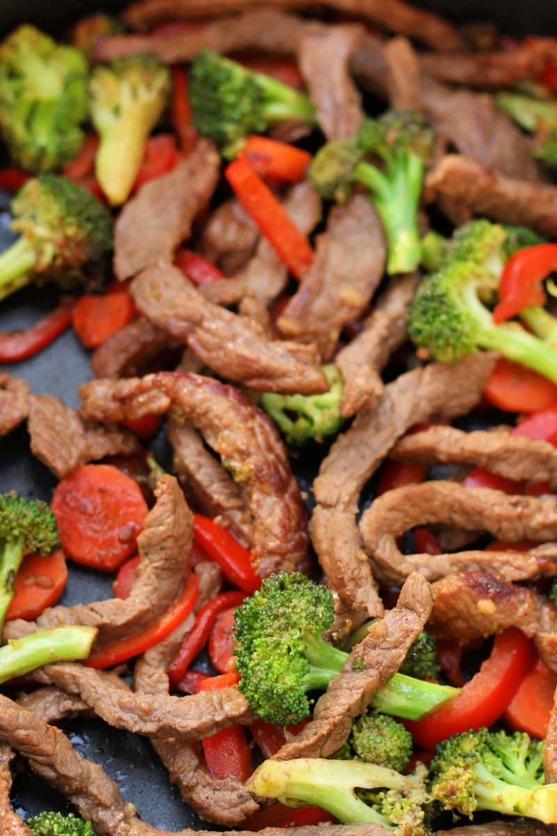easy beef and broccoli stir fry that is a quick 20-minute dinner made with tender strips of sirloin, crisp vegetables and a simple savory soy sauce.