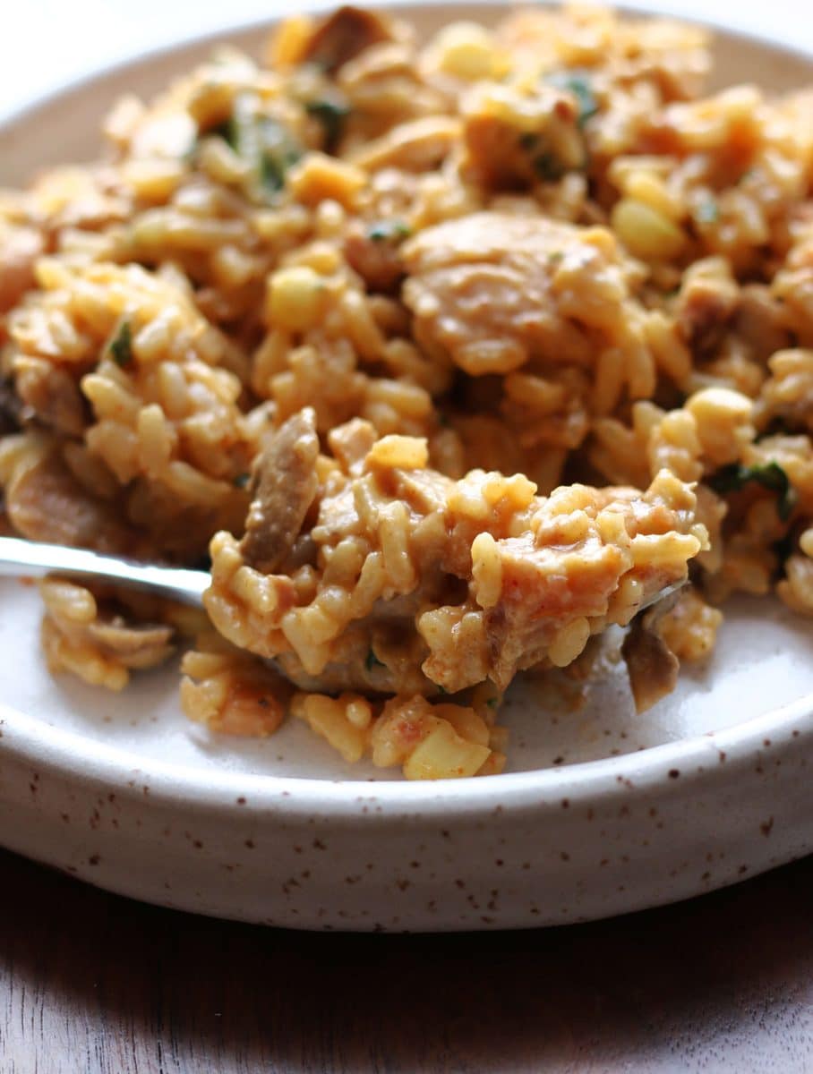 An easy Instant Pot dinner made with tender chicken, rice, beans, corn, mushrooms, bacon and cheddar cheese all mixed together in a creamy, flavorful sauce.