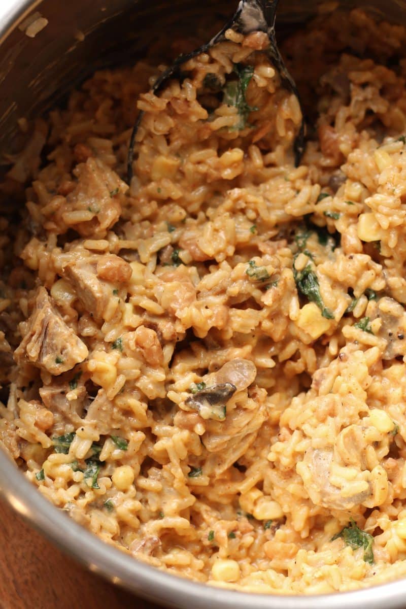 An easy Instant Pot dinner made with tender chicken, rice, beans, corn, mushrooms, bacon and cheddar cheese all mixed together in a creamy, flavorful sauce.