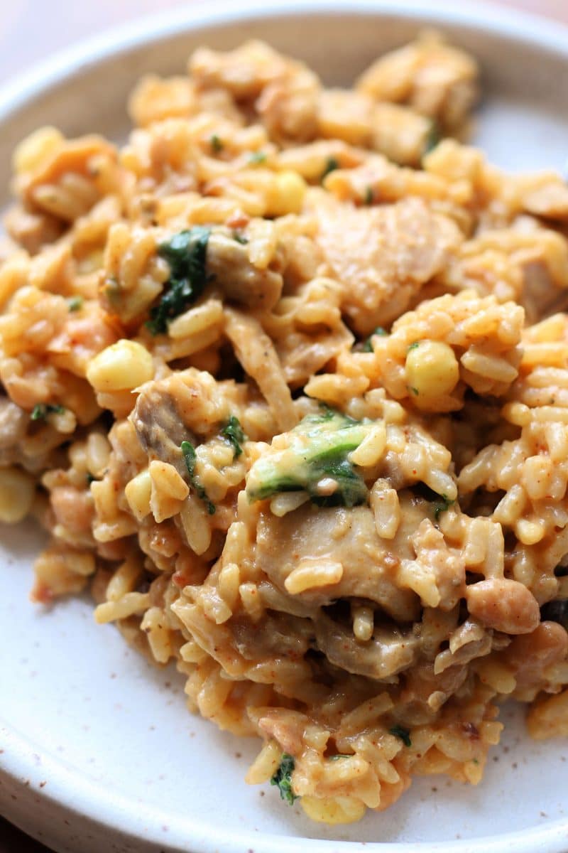 An easy Instant Pot dinner made with tender chicken, rice, beans, corn, mushrooms, bacon and cheddar cheese all mixed together in a creamy, flavorful sauce.