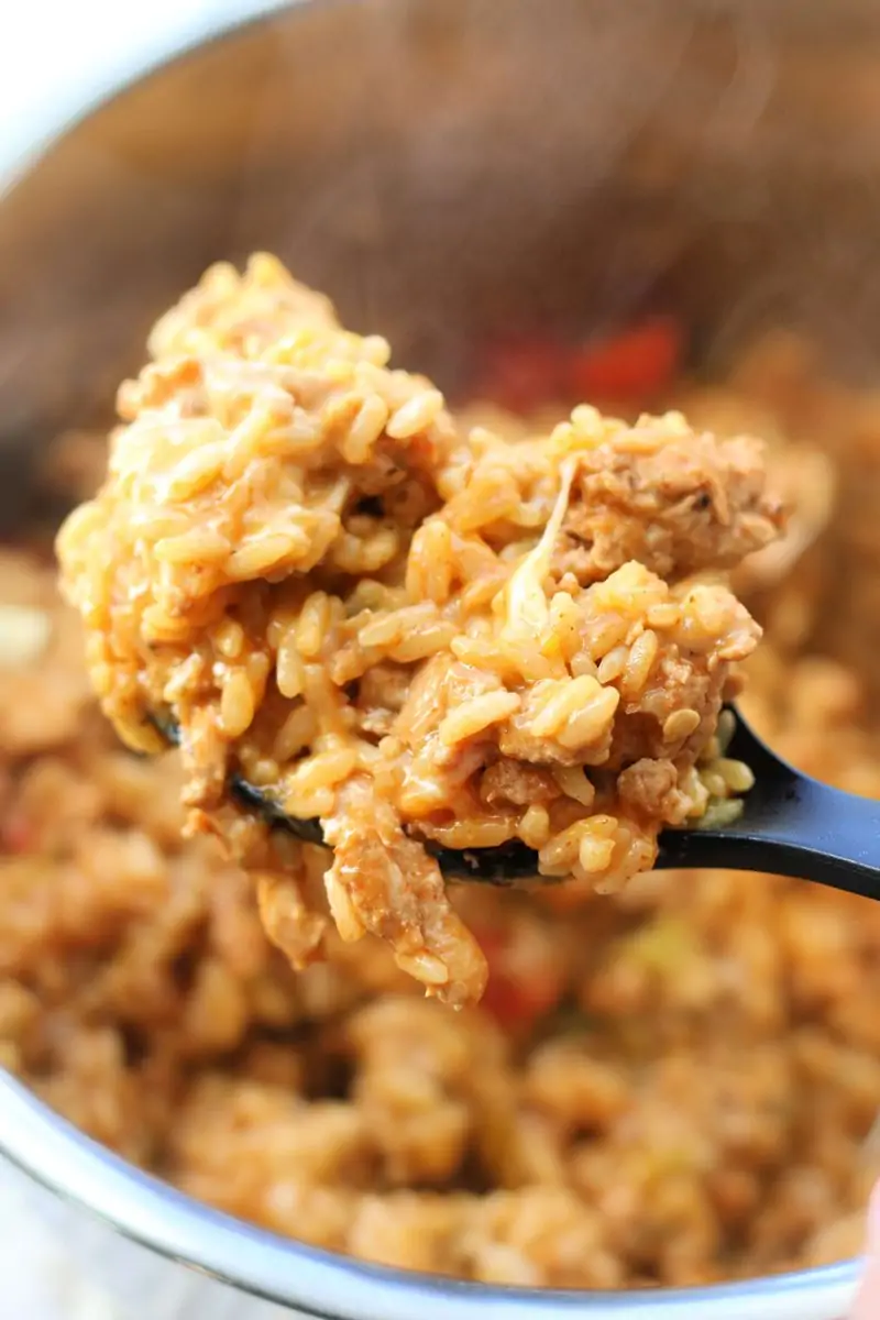 The Best Ever Queso Chicken Casserole--an easy Instant Pot dinner made with ground chicken, rice, green chiles, salsa con queso and plenty of cheesy Tex-Mex flavor.