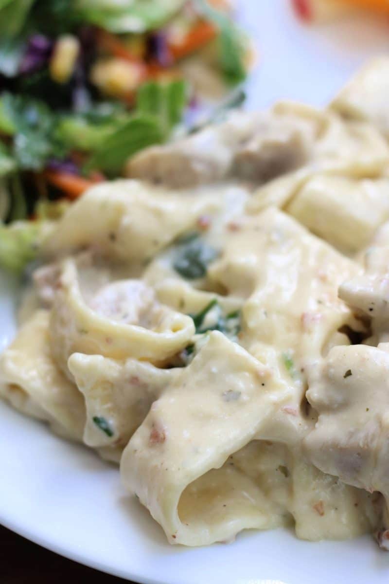 The Crazy Amazingly Good Casserole--an easy Instant Pot dinner made with tender chicken, wide noodles, bacon, ranch seasoning, spinach and a creamy parmesan sauce.