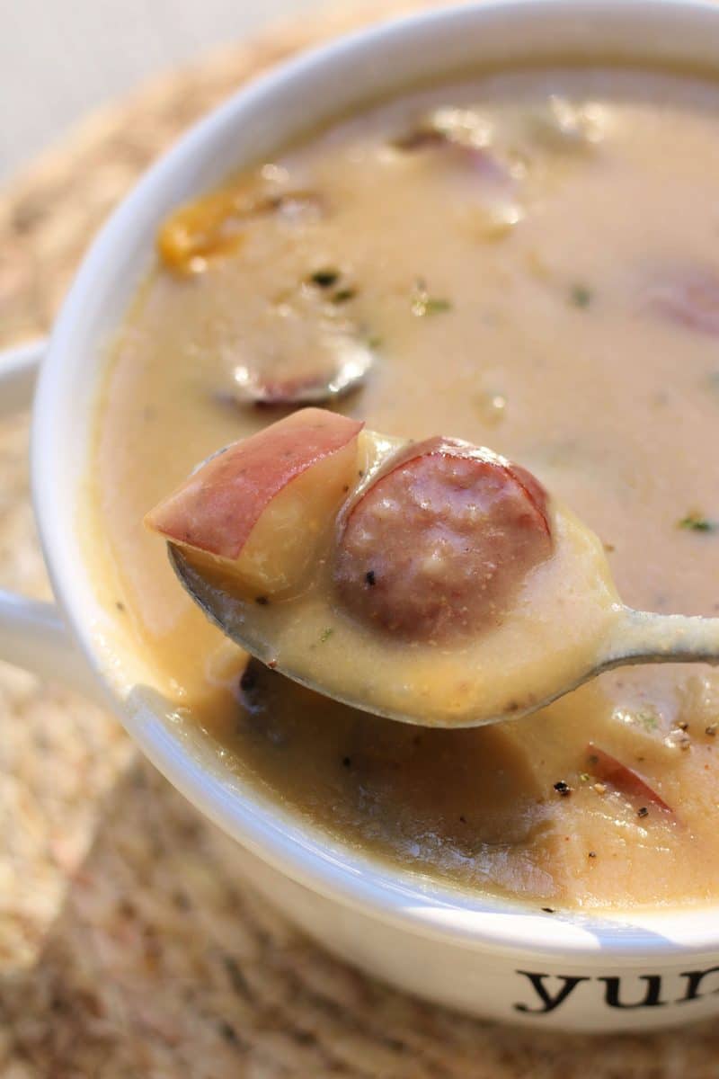 A creamy, comforting soup made with smoky sausage, tender red potatoes and cheddar cheese that can be made in the Instant Pot or slow cooker.