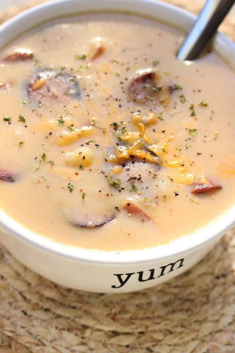 A creamy, comforting soup made with smoky sausage, tender red potatoes and cheddar cheese that can be made in the Instant Pot or slow cooker.