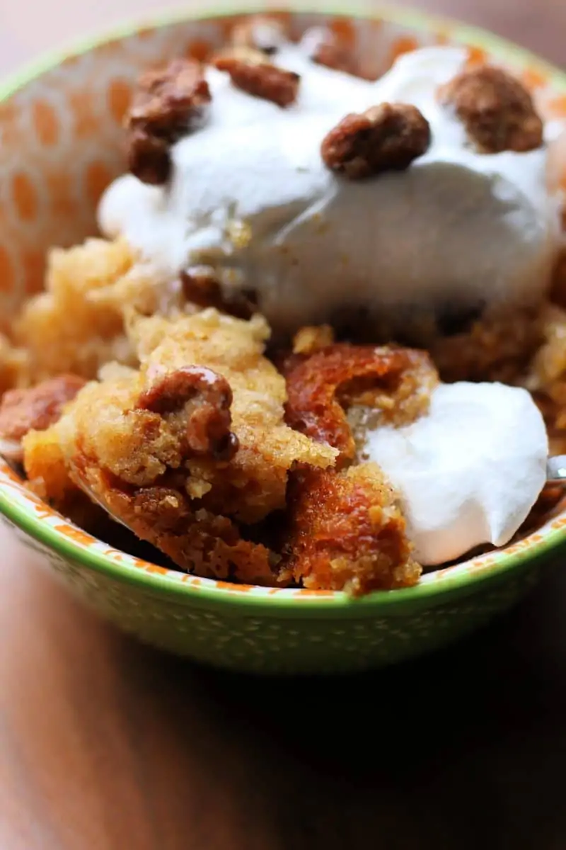 Pumpkin Cobbler--an easy fall dessert made with creamy pumpkin filling, buttery yellow cake mix topping and pecans, cooked in the slow cooker and served warm with vanilla ice cream or whipped cream.