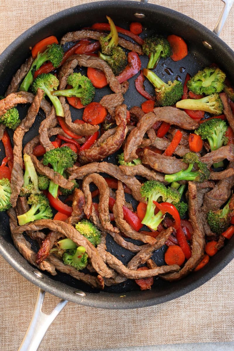 easy beef and broccoli stir fry that is a quick 20-minute dinner made with tender strips of sirloin, crisp vegetables and a simple savory soy sauce.