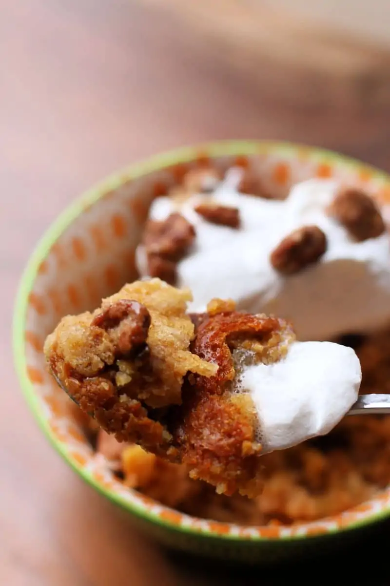 Pumpkin Cobbler--an easy fall dessert made with creamy pumpkin filling, buttery yellow cake mix topping and pecans, cooked in the slow cooker and served warm with vanilla ice cream or whipped cream.